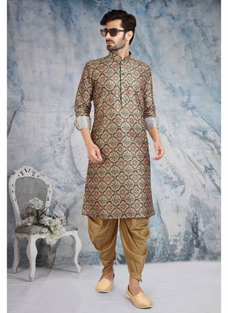 Beige New Designer Function Wear Banarasi Silk Kurta Peshawari Mens Collection 1238